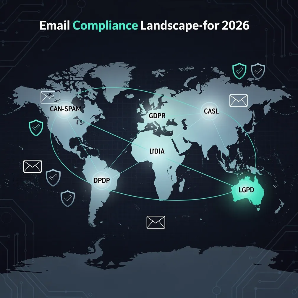 Global email compliance regulatory landscape 2026 showing interconnected frameworks including CAN-SPAM, GDPR, CASL, and emerging regulations