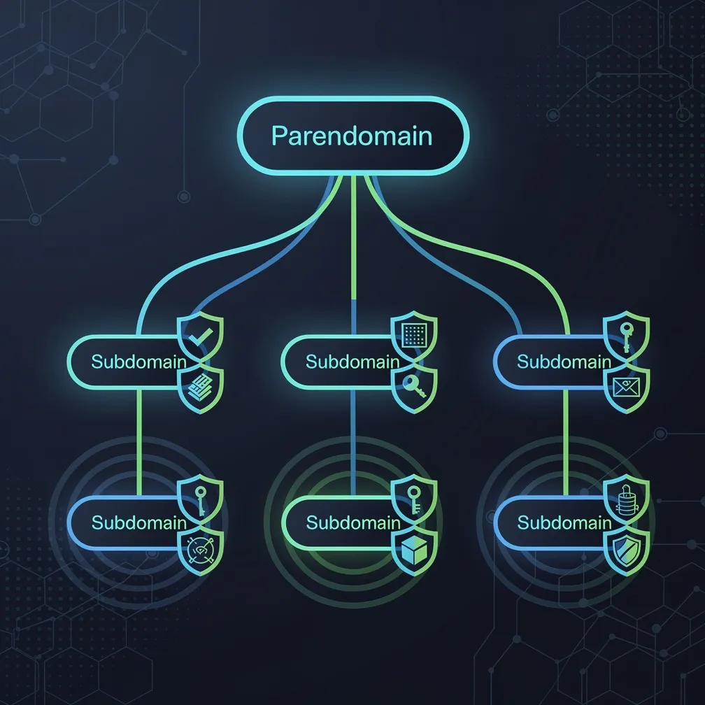 Cybersecurity diagram showing subdomain email architecture with SPF, DKIM, and DMARC protection layers across domain hierarchy
