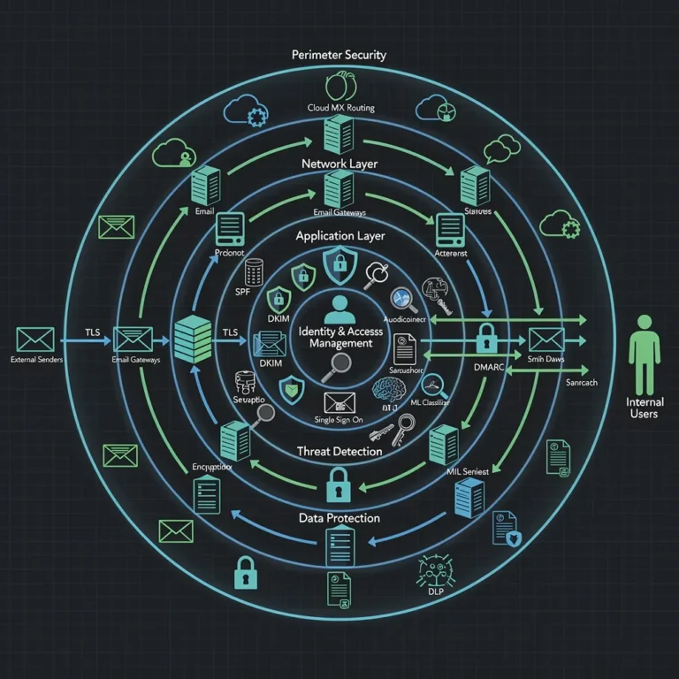 Enterprise email security architecture diagram showing layered security components including perimeter defense, authentication protocols, threat detection, encryption, and identity management