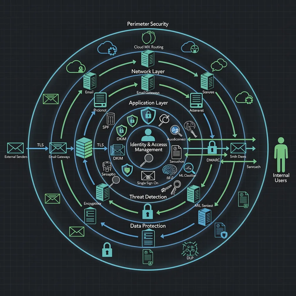 Enterprise email security architecture diagram showing layered security components including perimeter defense, authentication protocols, threat detection, encryption, and identity management