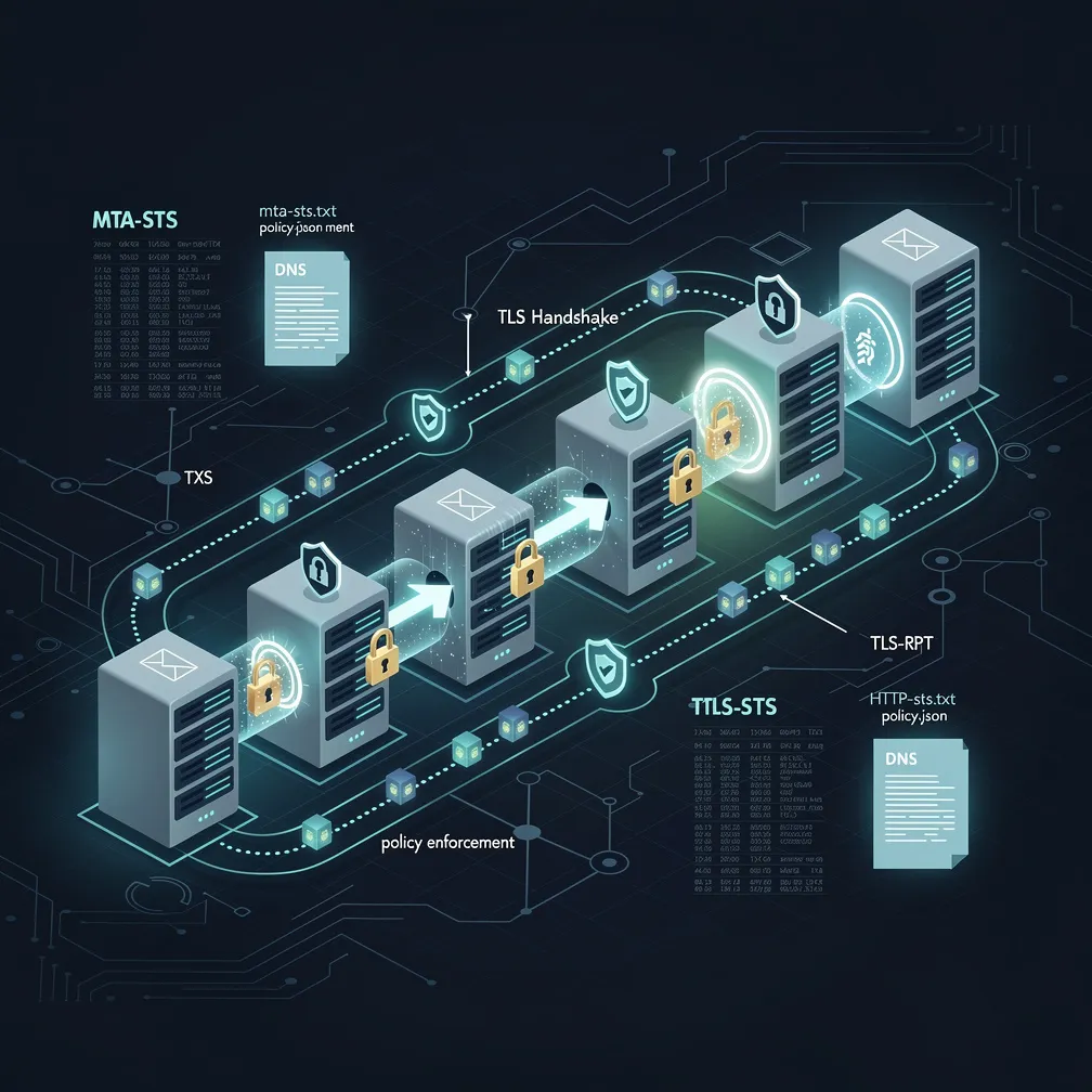 MTA-STS and TLS-RPT protocol visualization showing encrypted email connections between mail servers with TLS enforcement and reporting