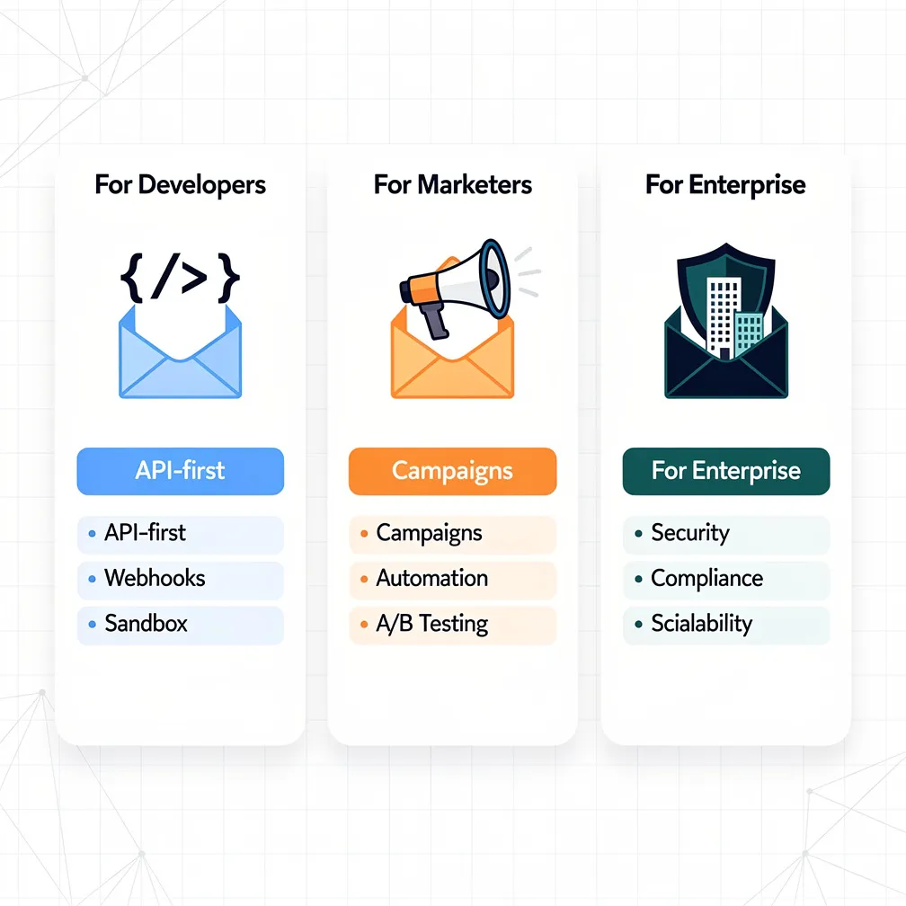 Three-column comparison showing developer-focused, marketer-focused, and enterprise-focused email service approaches side by side