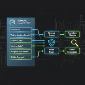 Technical visualization of DMARC forensic report structure showing report fields and analysis workflow for email authentication failure investigation