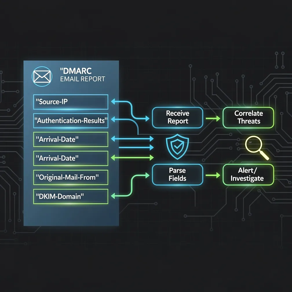 Technical visualization of DMARC forensic report structure showing report fields and analysis workflow for email authentication failure investigation