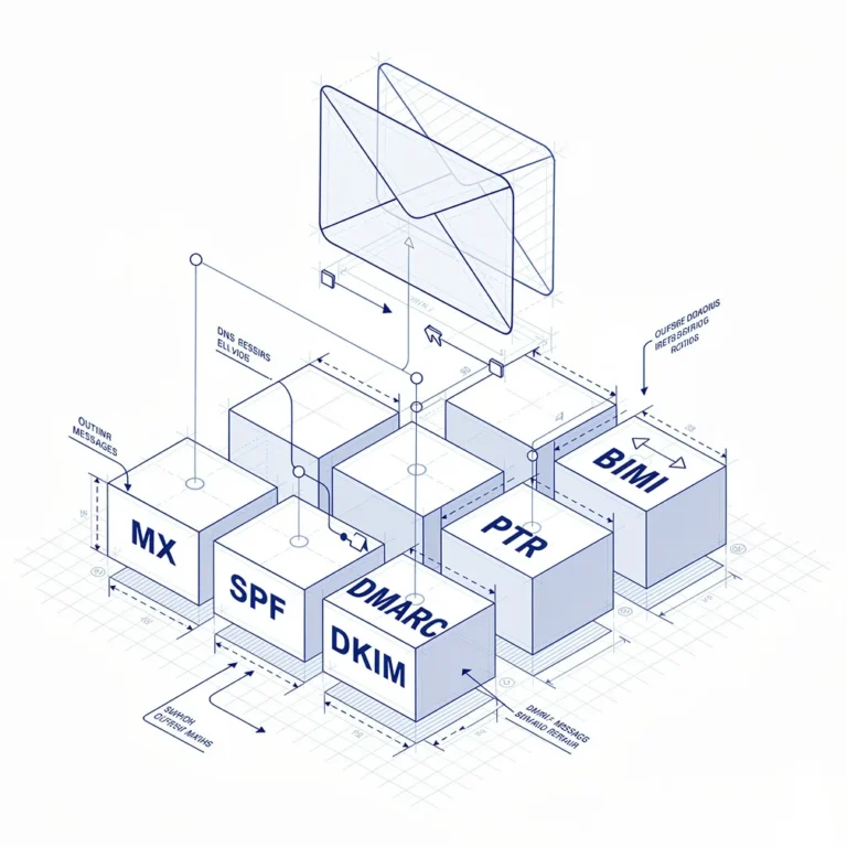 DNS record types for email delivery displayed as interconnected building blocks - MX, SPF, DKIM, DMARC, PTR, BIMI shown as foundation elements supporting email delivery
