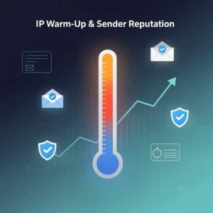IP warm-up and sender reputation building concept with thermometer rising from cold to warm surrounded by email and trust shield icons